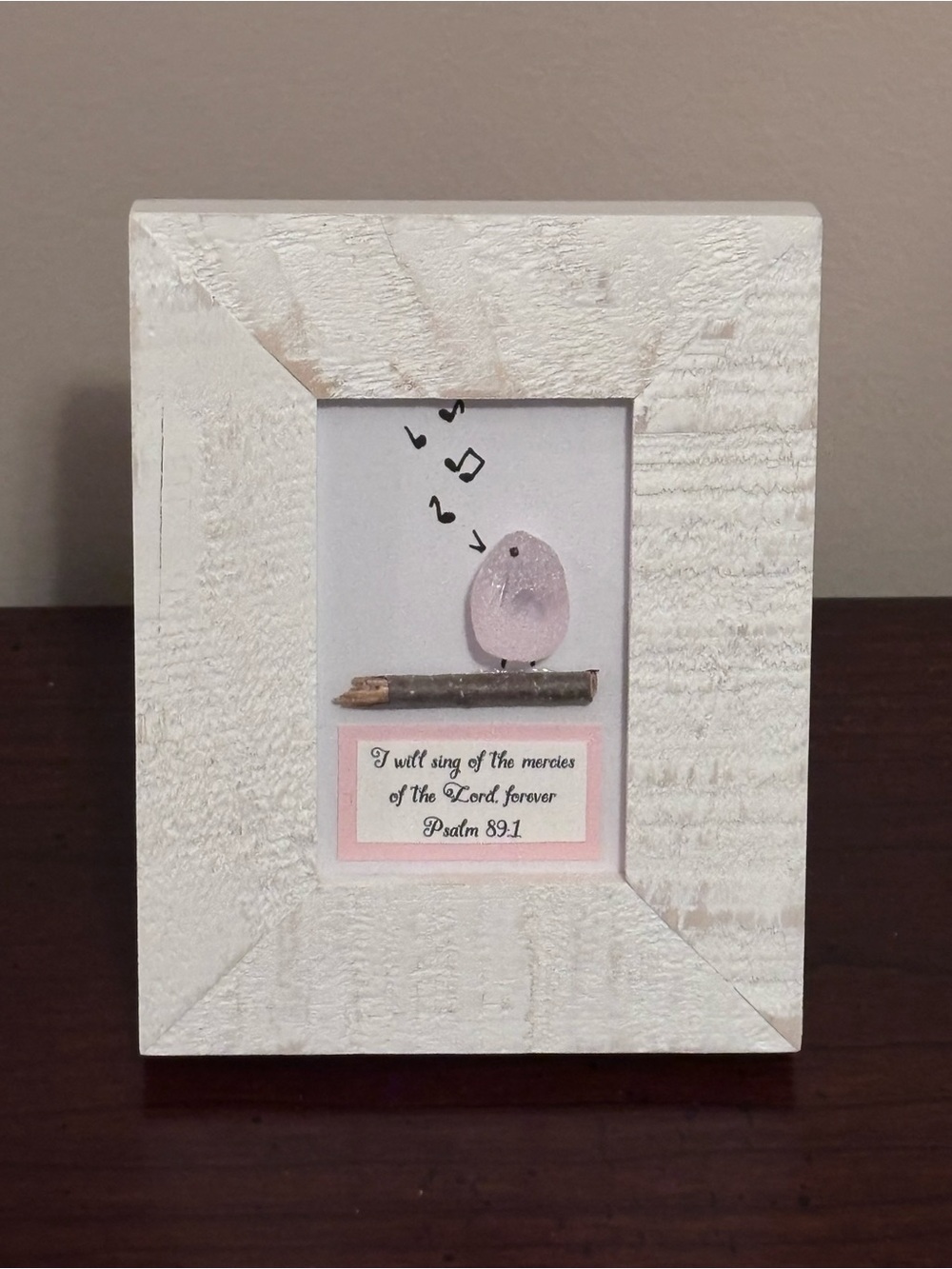 Handcrafted White Rustic Frame with Light Pink Bird Sea Glass Art